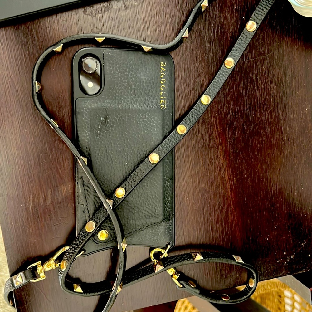 Black leather Bandolier IPhone XR case with gold-tacked chain